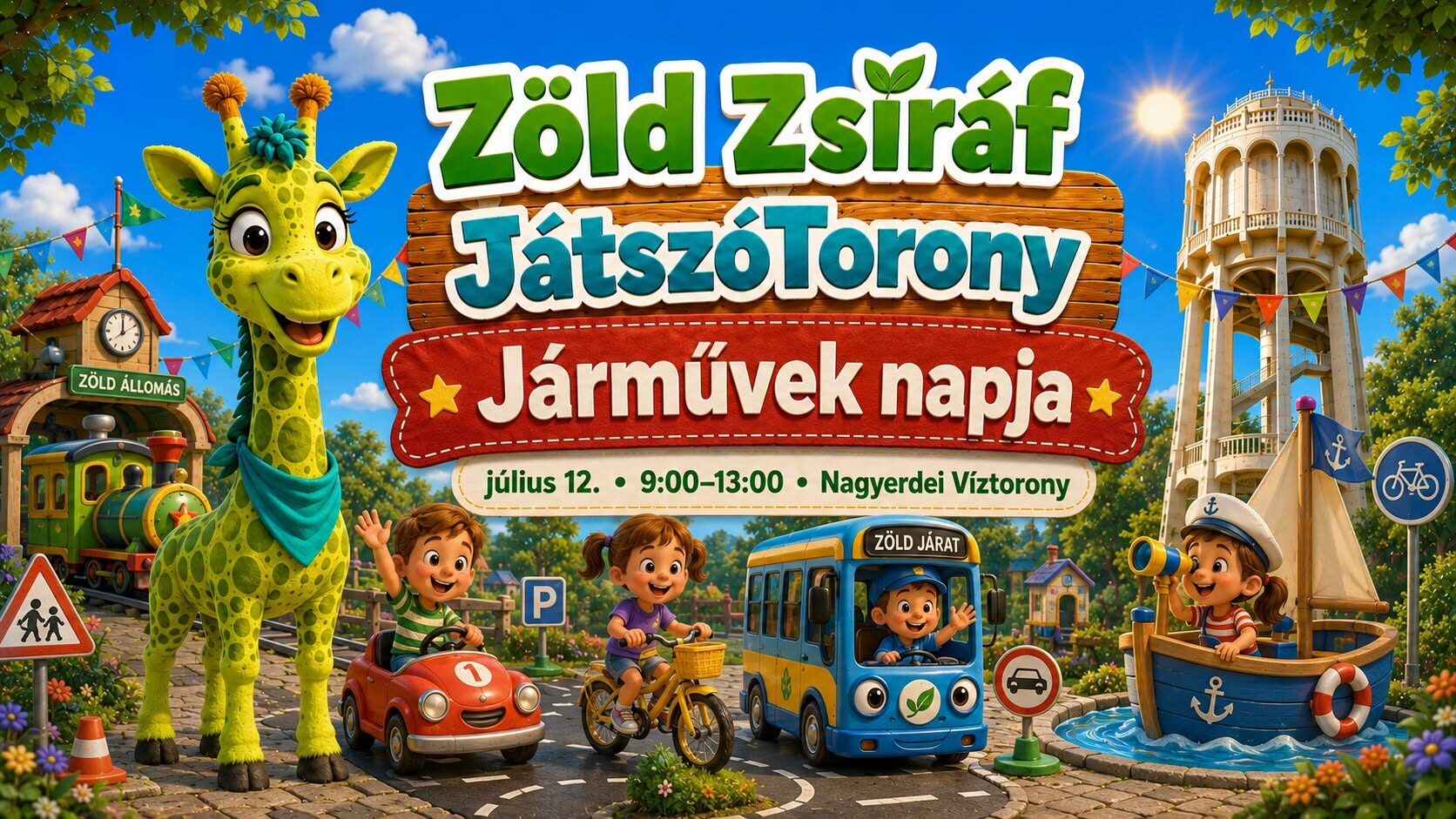 Zöld Zsiráf JátszóTorony – Járművek napja